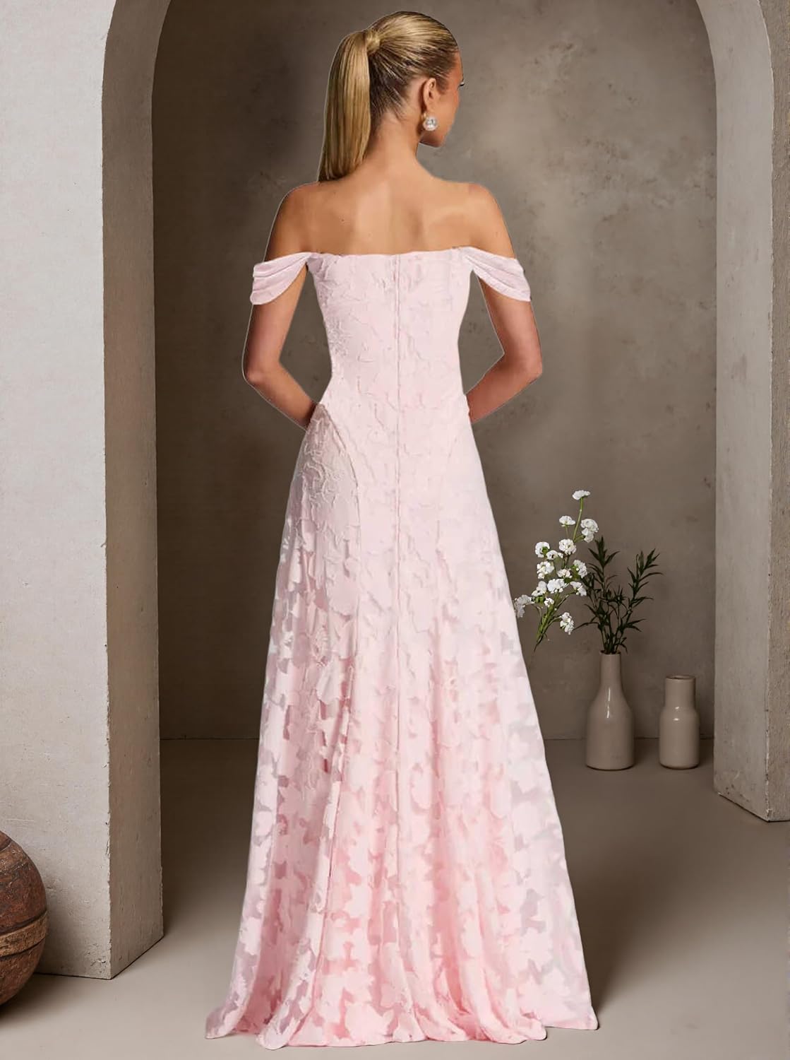 Off The Shoulder Floral Bridesmaid Dresses Long Lace Appliques Formal Gown A Line Wedding Guest Dress