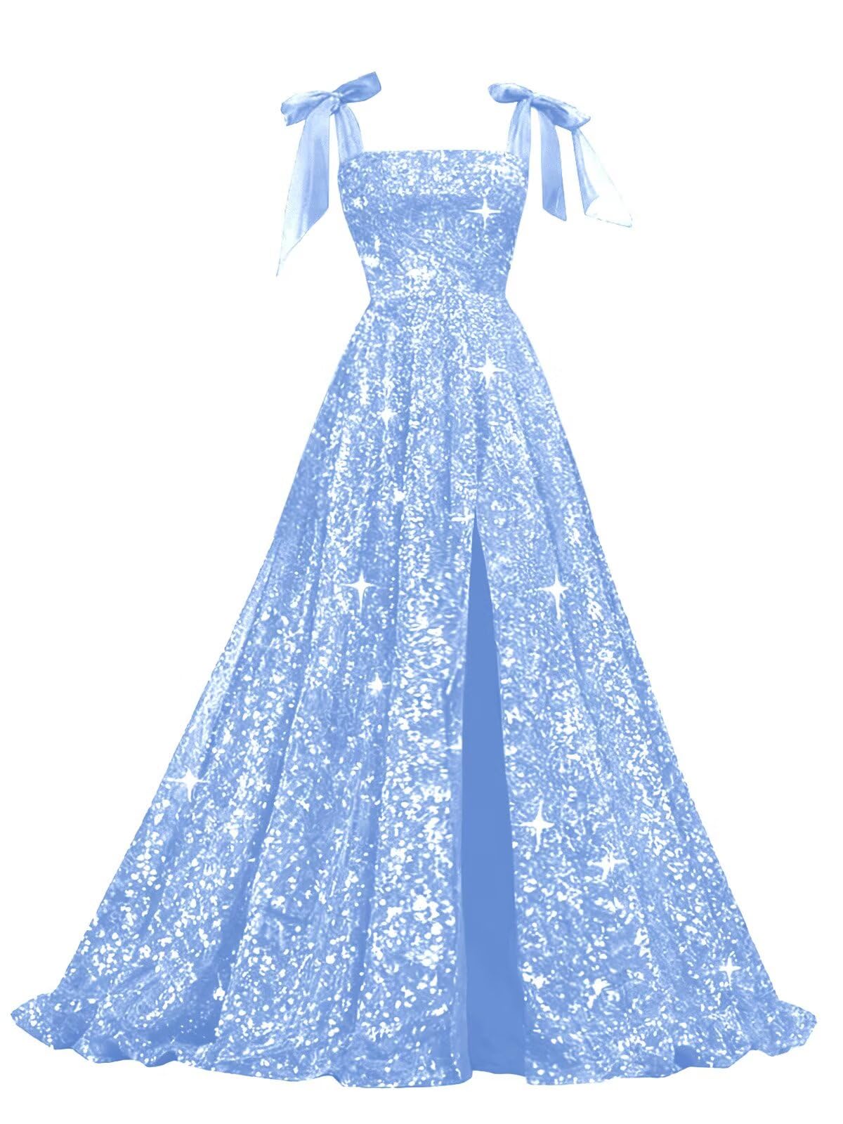 Bow Straps Prom Dresses 2026 Sparkly Sequin Square Neck Ruched Long Puffy Ball Gown Formal Dress with Slit Pockets