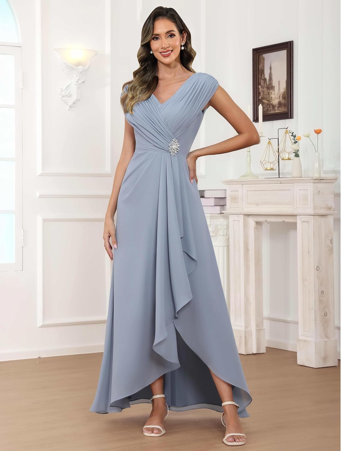 Cap Sleeve Mother of The Bride Dresses Chiffon V Neck Beaded Ruffles A Line Long Formal Evening Dress
