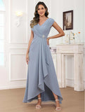 Cap Sleeve Mother of The Bride Dresses Chiffon V Neck Beaded Ruffles A Line Long Formal Evening Dress