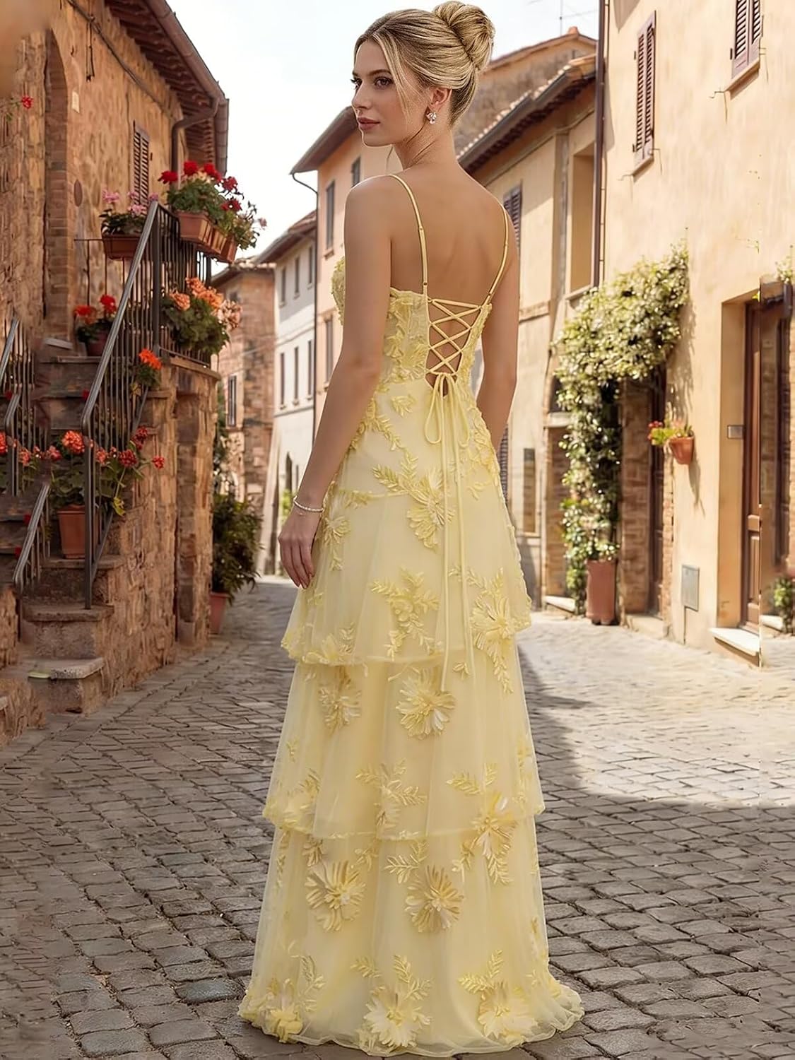 Ruffle Floral Embroidery Prom Dress Long A Line Tiered Bridesmaid Dresses Formal Evening Gowns