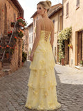 Ruffle Floral Embroidery Prom Dress Long A Line Tiered Bridesmaid Dresses Formal Evening Gowns
