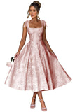Women's Midi Bridesmaid Dresses Jacquard Satin with Bow Spaghetti Straps Square Neck Formal Wedding Guest Dress