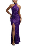 Sequin Mermaid Prom Dresses for Women Long Sparkly Halter-Neck Tight Backless Formal Evening Party Gowns with Slit