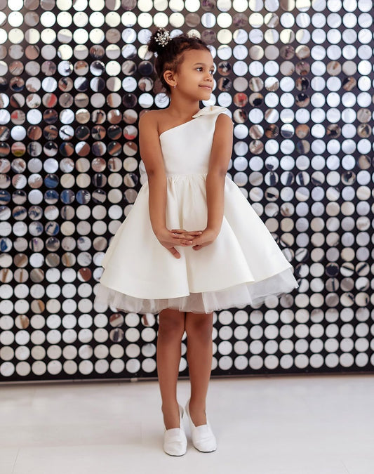 One Shoulder Flower Girl Dresses for Wedding Toddler Short Tutu Satin Tulle Girl Dress for Birthday Formal Party