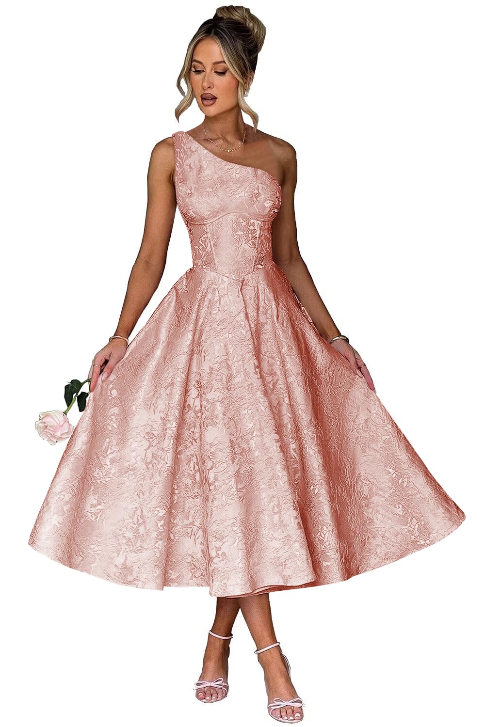 Jacquard Floral Satin Prom Dresses 2026 One Shoulder A-Line Midi Formal Evening Party Gown with Pockets for Women