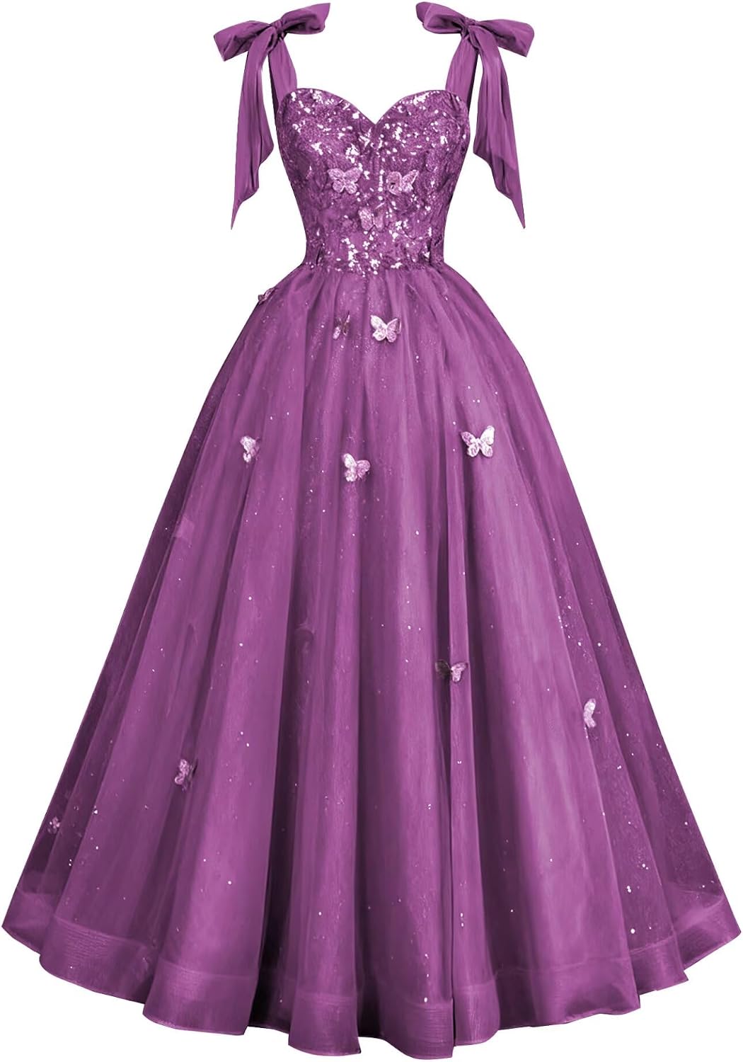 Glitter Tulle Prom Dress for Teens 3D Butterfly Long Ball Gowns Sequin Princess Quinceanera Dresses with Bow