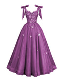 Glitter Tulle Prom Dress for Teens 3D Butterfly Long Ball Gowns Sequin Princess Quinceanera Dresses with Bow