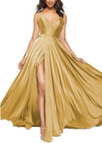 Satin Bridesmaid Dresses for Women Spaghetti Straps Wedding Guest Dress Long V Neck Formal Gown with Slit