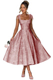 Women's Midi Bridesmaid Dresses Jacquard Satin with Bow Spaghetti Straps Square Neck Formal Wedding Guest Dress