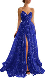 Women's Sparkle Starry Tulle Prom Dresses Strapless Long Formal Evening Party Gowns with Slit