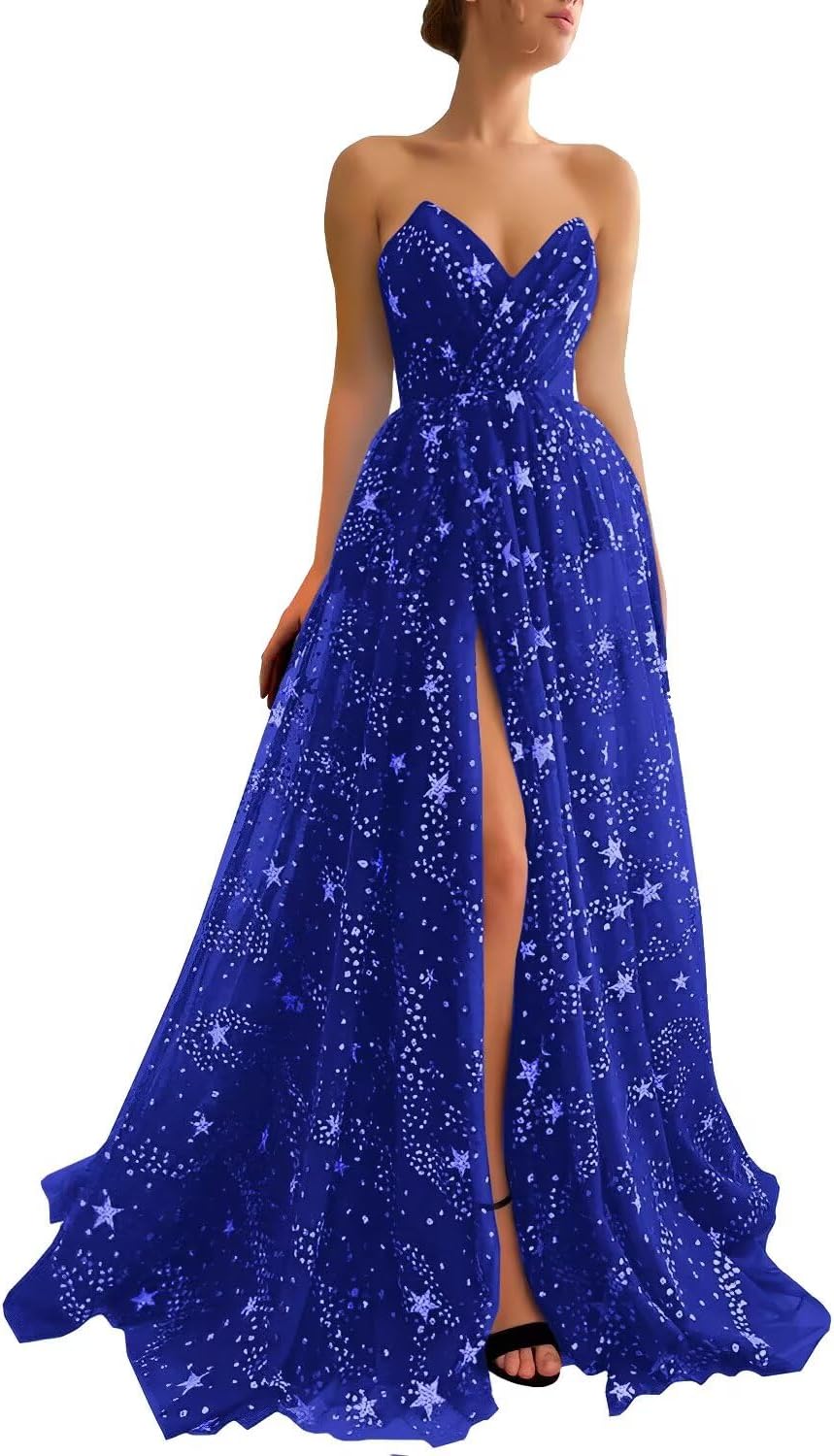 Women's Sparkle Starry Tulle Prom Dresses Strapless Long Formal Evening Party Gowns with Slit