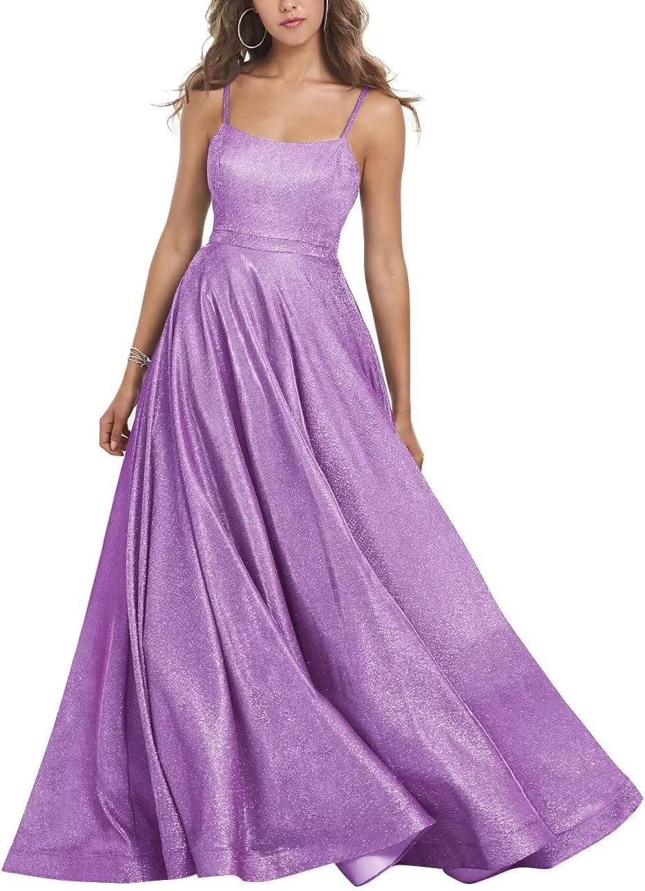 Women's Glitter Prom Dresses Long Ball Gown Spaghetti Straps Neck Formal Evening Party Dress for Teens