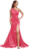 Kingbridal Gowns One Shoulder Sequin Prom Dresses with Slit 2026 Mermaid Formal Dress for Women Sparkly Ruched Evening Party Gowns