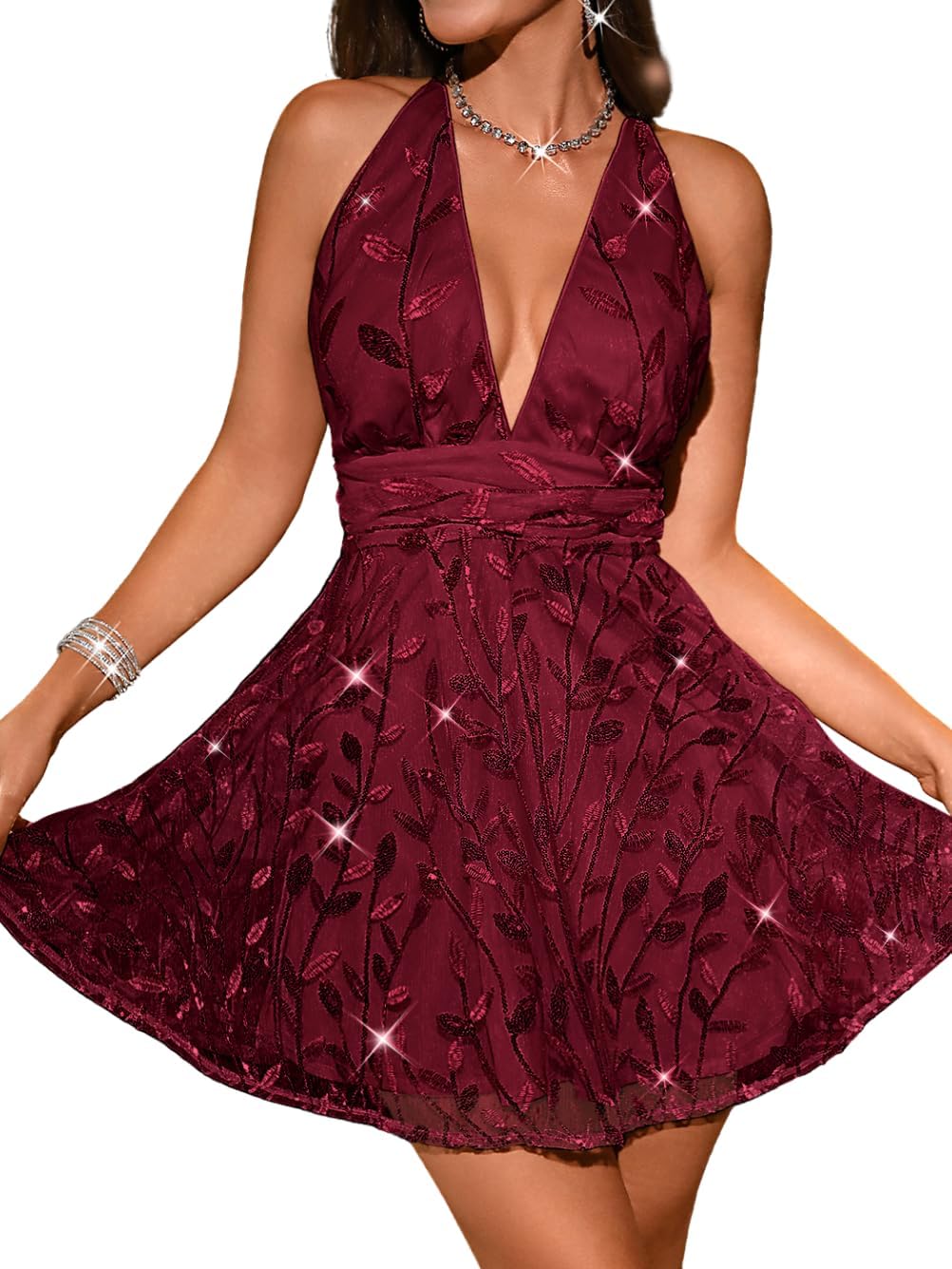 Floral Sequin Dress,Deep V Backless Sexy Mini Dresses for Women,Sparkly Outfits Homecoming Party Gowns