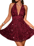 Floral Sequin Dress,Deep V Backless Sexy Mini Dresses for Women,Sparkly Outfits Homecoming Party Gowns