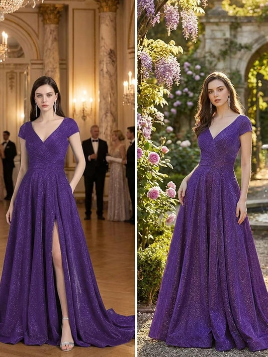 Prom Dresses Long for Women A Line with Pockets V Neck Formal Evening Ball Gown