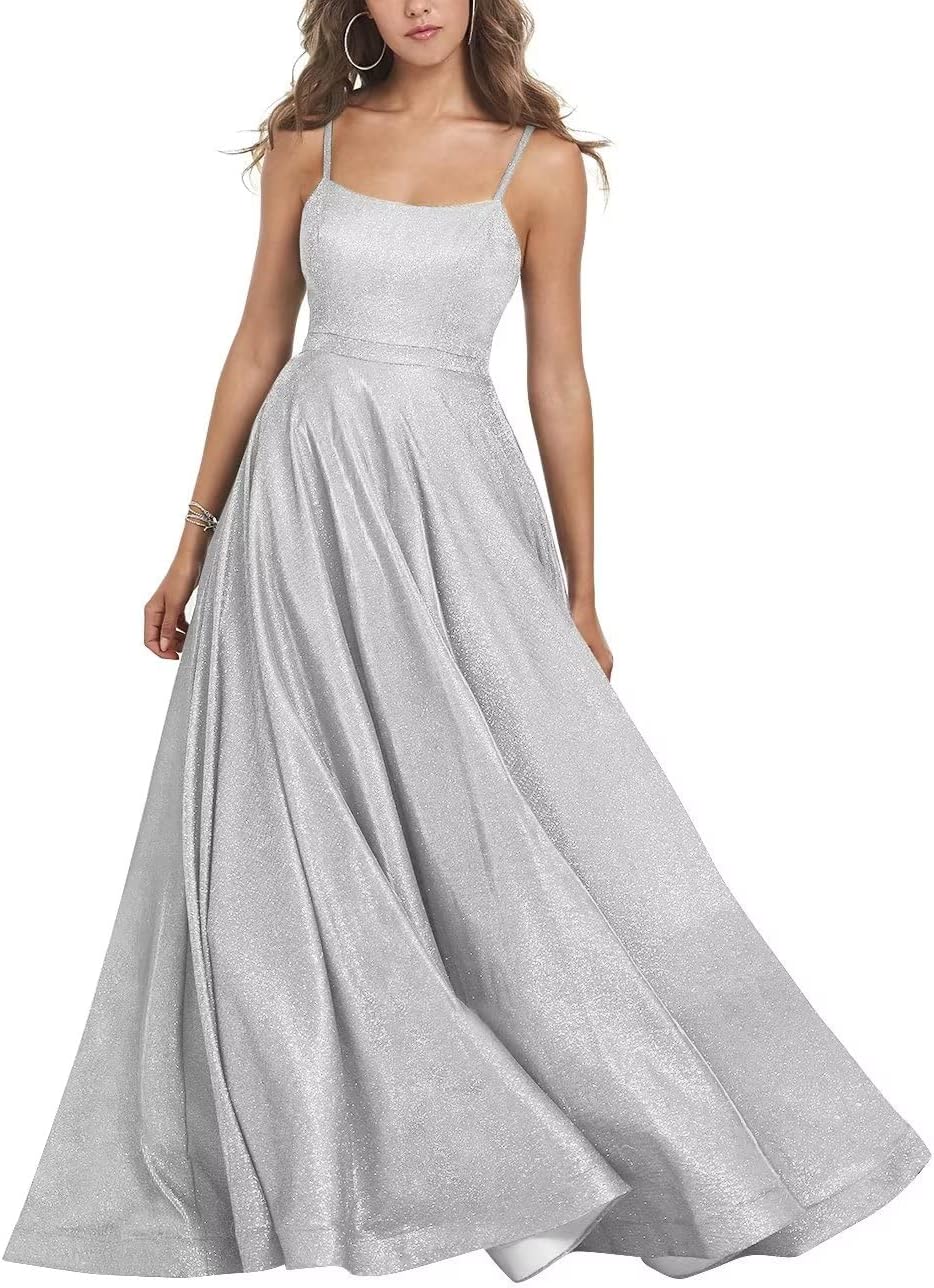 Women's Glitter Prom Dresses Long Ball Gown Spaghetti Straps Neck Formal Evening Party Dress for Teens