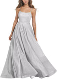 Women's Glitter Prom Dresses Long Ball Gown Spaghetti Straps Neck Formal Evening Party Dress for Teens