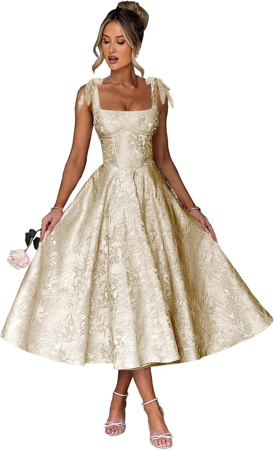Women's Midi Bridesmaid Dresses Jacquard Satin with Bow Spaghetti Straps Square Neck Formal Wedding Guest Dress