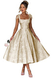 Women's Midi Bridesmaid Dresses Jacquard Satin with Bow Spaghetti Straps Square Neck Formal Wedding Guest Dress