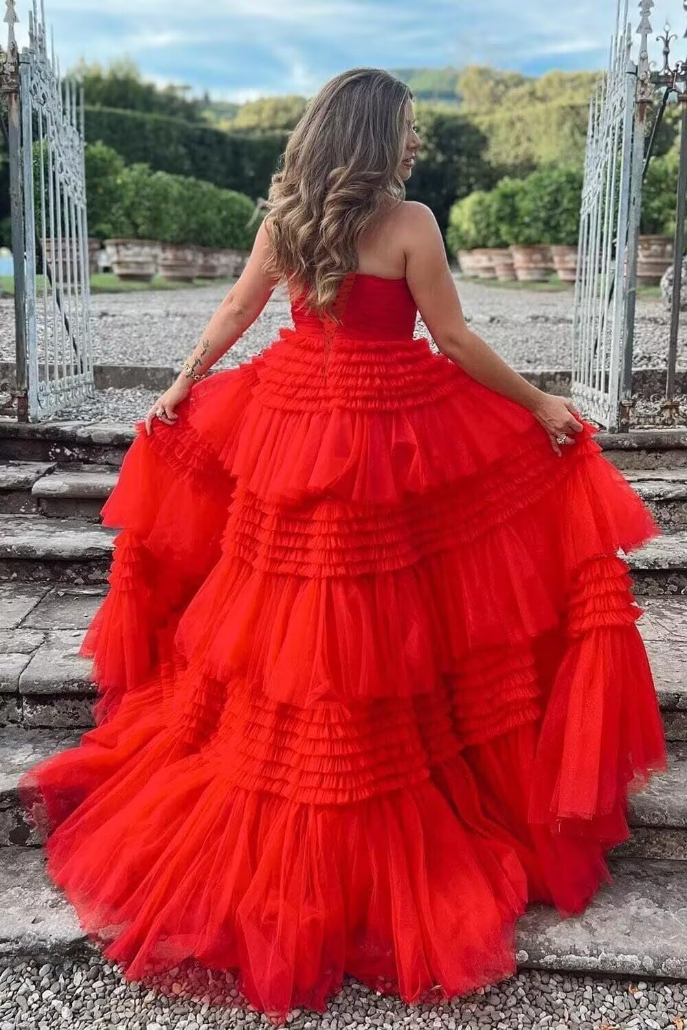 Strapless Tiered Tulle Prom Dresses for Women 2027 Long Sparkly A-Line Formal Evening Party Ball Gowns with Slit