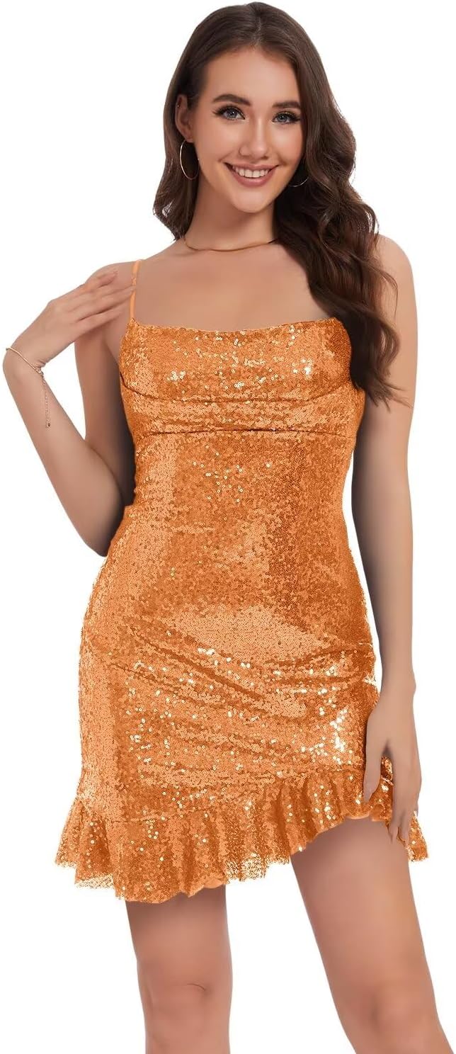 Glitzernde Homecoming-Kleider für Teenager, Wasserfallausschnitt, Spaghettiträger, kurzes Pailletten-Ballkleid 
