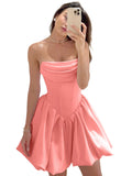 Satin Flower Bud Homecoming Dress Short Prom Dress Cowl Neck Pleated A Line Mini Cocktail Party Gown