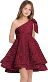 Sequins Flower Girl Dresses Short - One Shoulder Princess Pageant Dress Kids A Line Communion Formal Party Gown