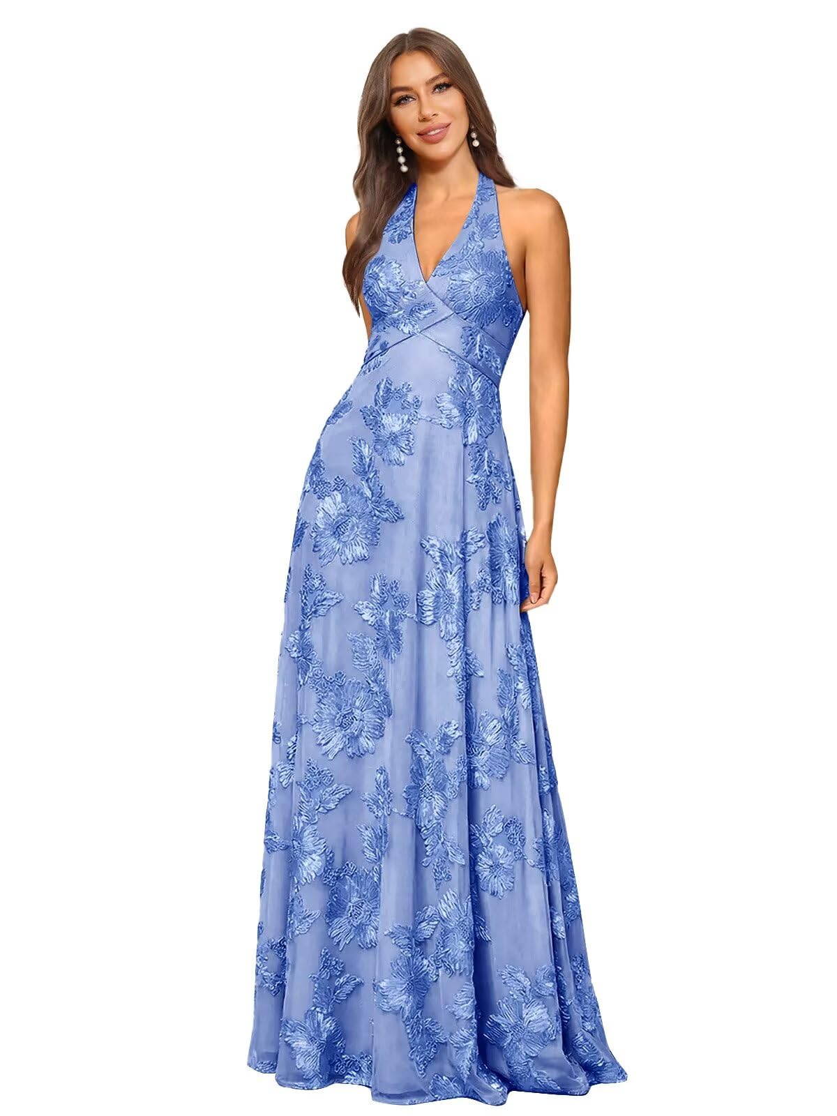 Jacquard Floral Lace Bridesmaid Dresses for Women Long A-Line Open Back Halter Formal Gown