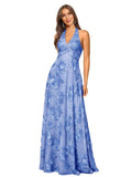 Jacquard Floral Lace Bridesmaid Dresses for Women Long A-Line Open Back Halter Formal Gown