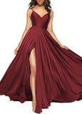 Satin Bridesmaid Dresses for Women Spaghetti Straps Wedding Guest Dress Long V Neck Formal Gown with Slit