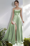 Women's Satin Prom Dresses with Slit Strapless A Line Corset Ball Gowns Spaghetti Straps Formal Evening Gowns with Pockets