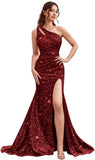 Kingbridal Gowns One Shoulder Sequin Prom Dresses with Slit 2026 Mermaid Formal Dress for Women Sparkly Ruched Evening Party Gowns