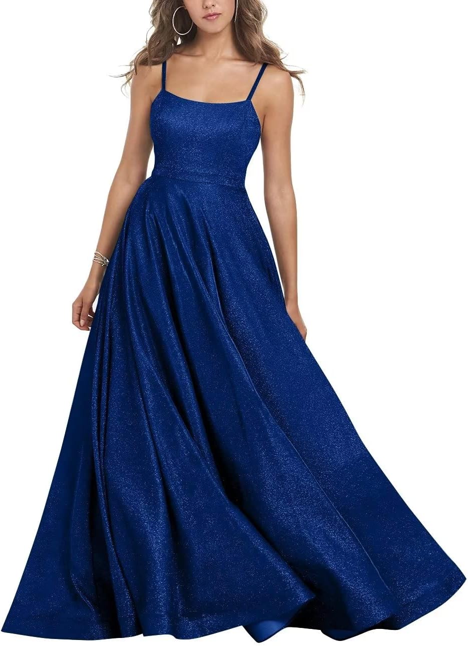 Women's Glitter Prom Dresses Long Ball Gown Spaghetti Straps Neck Formal Evening Party Dress for Teens