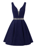 Satin Glitter Homecoming Dresses for Teens Short Prom Dress V-Neck Beaded Evening Formal Cocktail Party Gowns