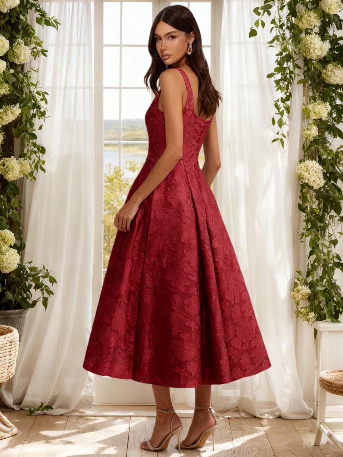 Floral Lace Bridesmaid Dresses for Women Tea Length A Line Pleated Wedding Guest Dress Formal Gown