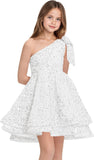 Sequins Flower Girl Dresses Short - One Shoulder Princess Pageant Dress Kids A Line Communion Formal Party Gown