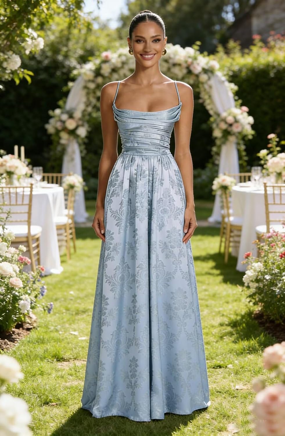 Floral Jacquard Prom Dresses for Women Spaghetti Straps A Line Satin Cowl Neck Formal Evening Party Dress