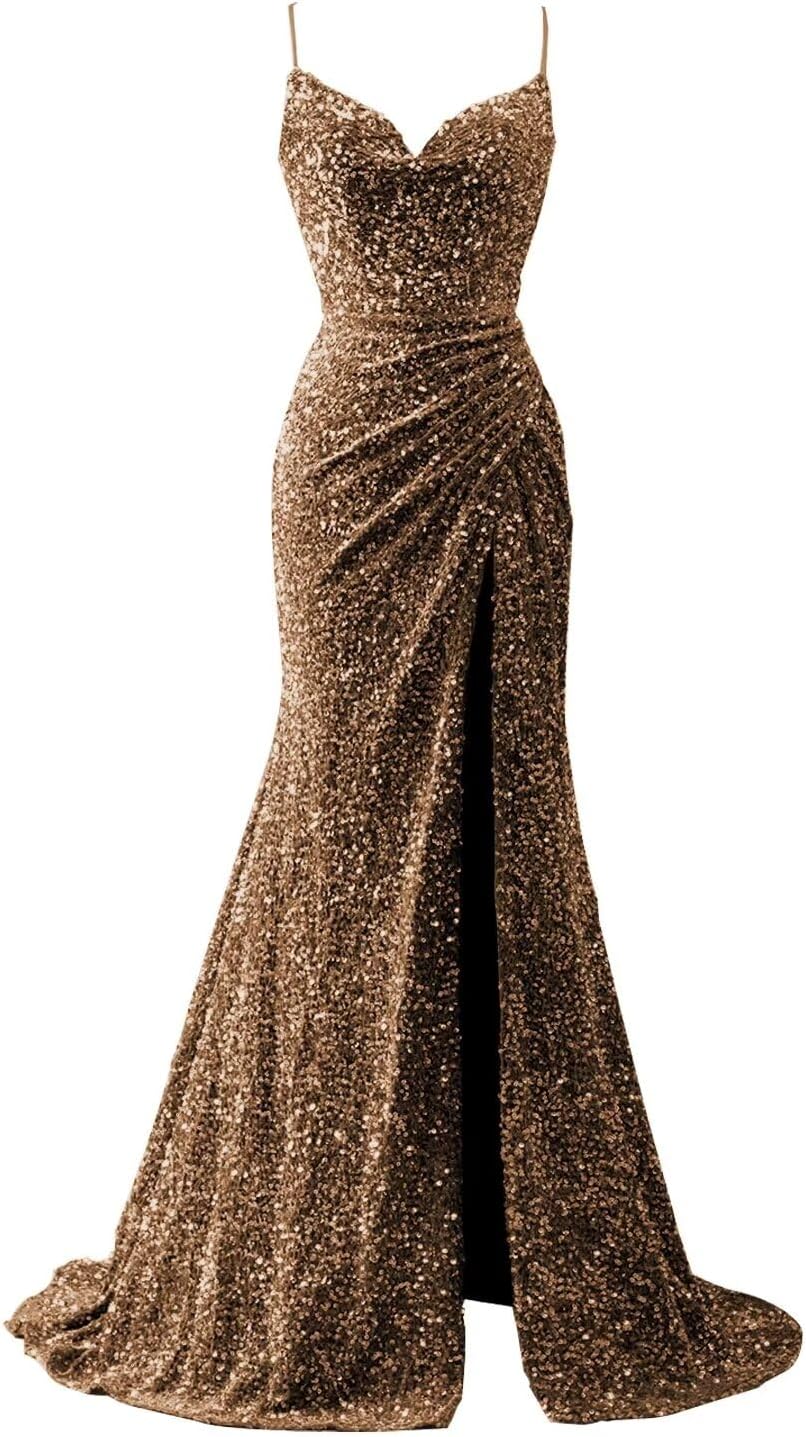 Spaghetti Straps Sequin Prom Dresses for Women 2027 Mermaid Ruched Formal Dress with Slit Sparkly Evening Party Gown