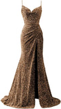 Spaghetti Straps Sequin Prom Dresses for Women 2027 Mermaid Ruched Formal Dress with Slit Sparkly Evening Party Gown