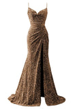 Spaghetti Straps Sequin Prom Dresses for Women 2027 Mermaid Ruched Formal Dress with Slit Sparkly Evening Party Gown