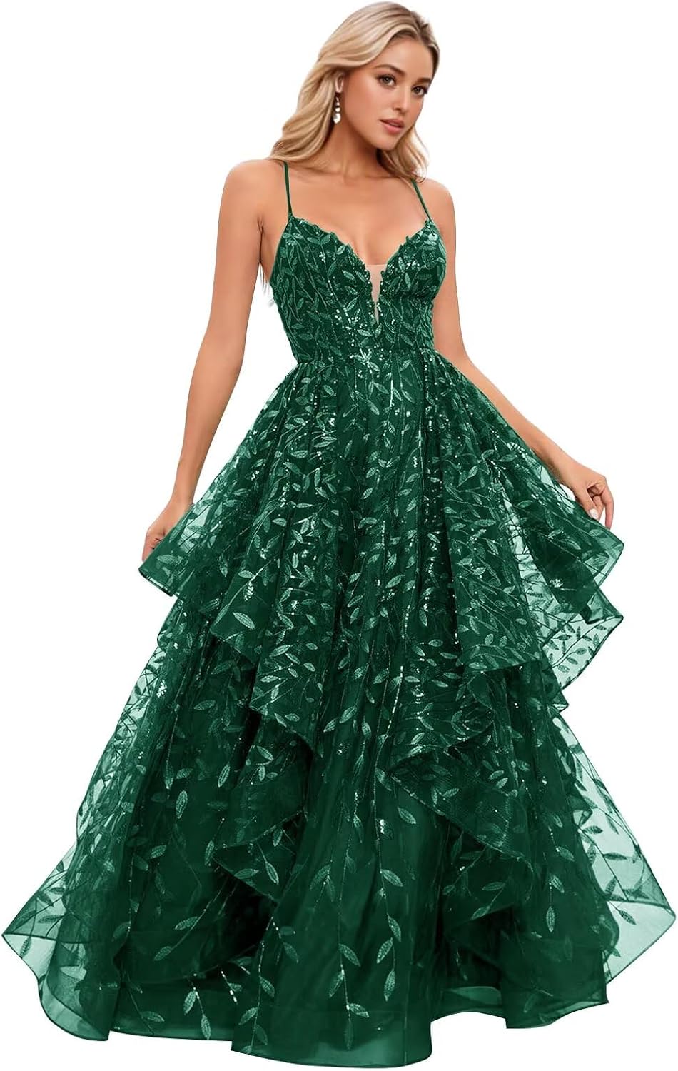 Spaghetti Strap Prom Dresses for Women V Neck Sparkly Sequin Tulle Tiered Ball Gown Long Formal Evening Dress