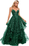 Spaghetti Strap Prom Dresses for Women V Neck Sparkly Sequin Tulle Tiered Ball Gown Long Formal Evening Dress