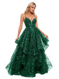 Spaghetti Strap Prom Dresses for Women V Neck Sparkly Sequin Tulle Tiered Ball Gown Long Formal Evening Dress