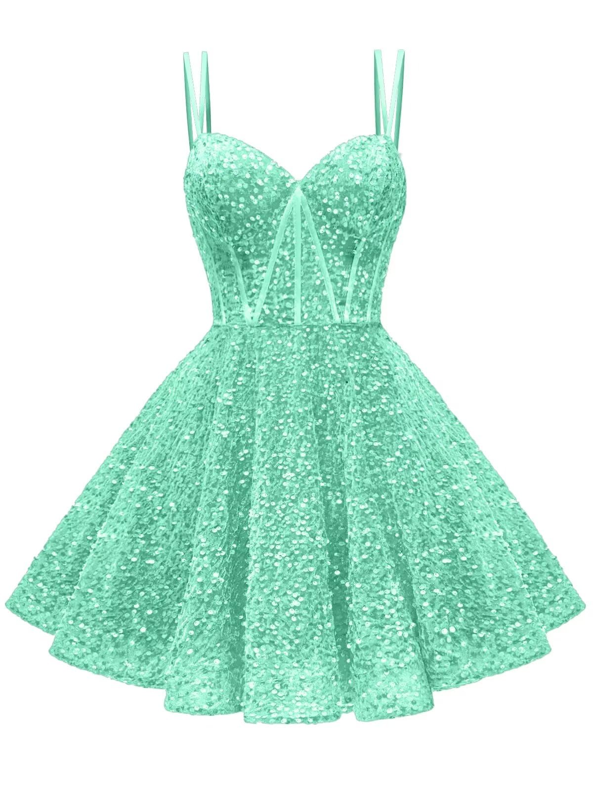 Kingbridal Gowns Sparkly Sequin Homecoming Dresses for Teens 2027 Flowy Spaghetti Straps A-Line Short Formal Prom Dress with Pockets