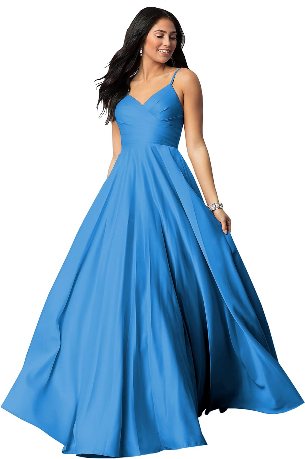 Women's Spaghetti Straps Satin Prom Dresses with Pockets V Neck Pleated Formal Evening Ball Gowns