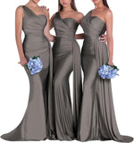 One-Shoulder-Brautjungfernkleider für Hochzeiten, Meerjungfrau-Satin-Ballkleider, lang, figurbetont, formelle Abendkleider 