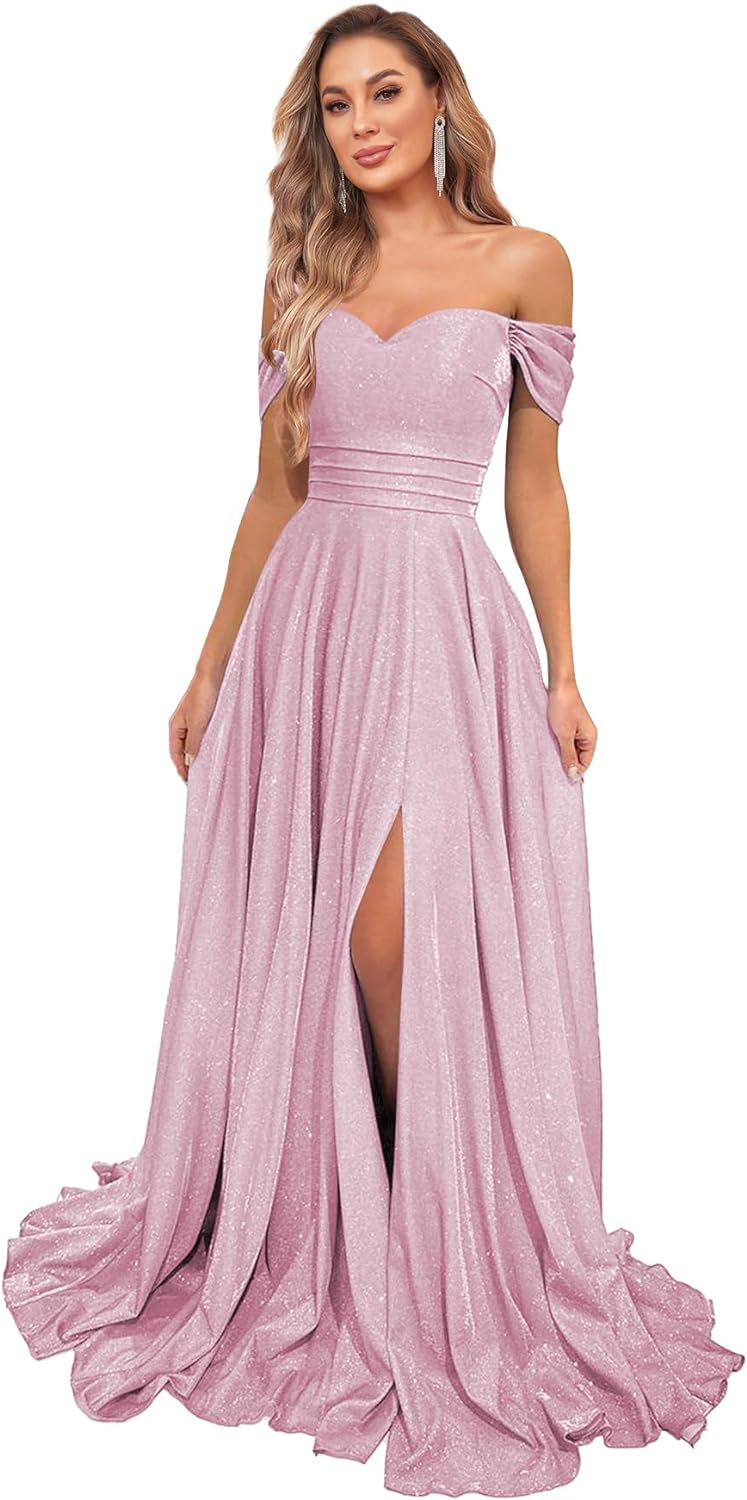 Women's Glittery Prom Dresses Long Ball Gown Off Shoulder High Slit Formal Evening Gowns with Pockets