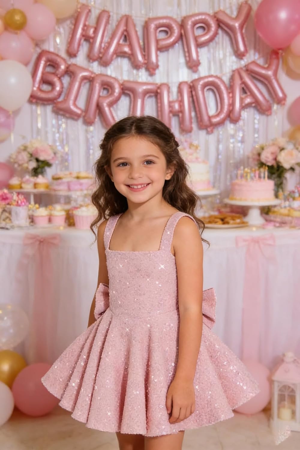 Sparkly Sequin Teen Flower Girl Dresses for Wedding Short Spaghetti Straps Cute Birthday Party Dress with Bow